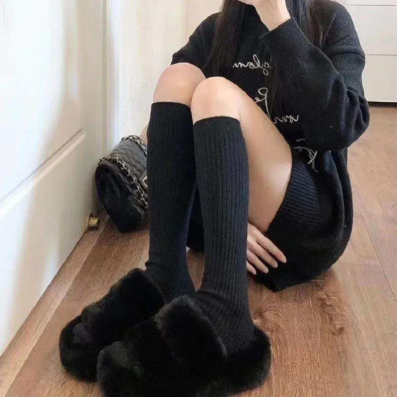 Lolita Accessories  Autumn and Winter Women's Knitted Socks Solid Color Vertical Bar Warm Knee Length Socks Harajuku Fashion
