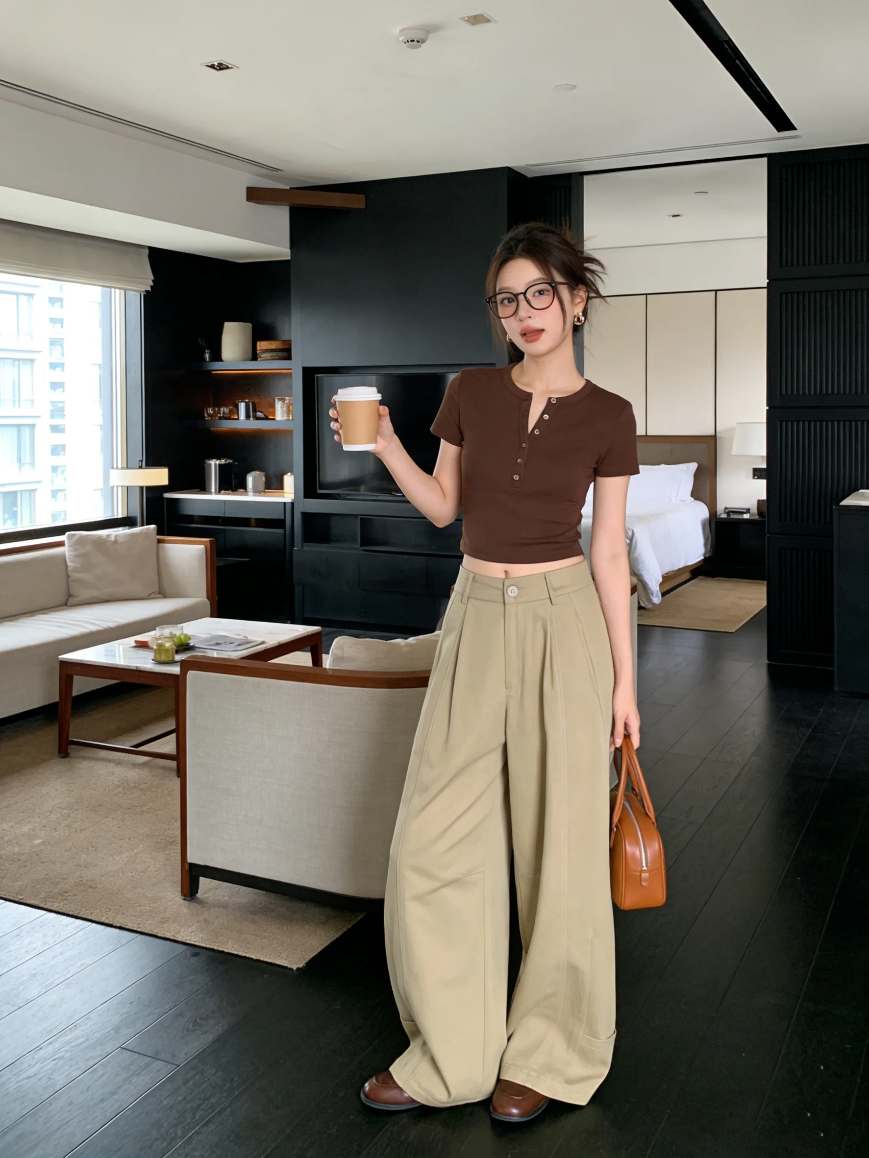 

Джинсы с высокой талией и широкими штанинами цвета хаки, повседневный стиль, женские, весенняя мода, свободный крой, прямые длинные брюки