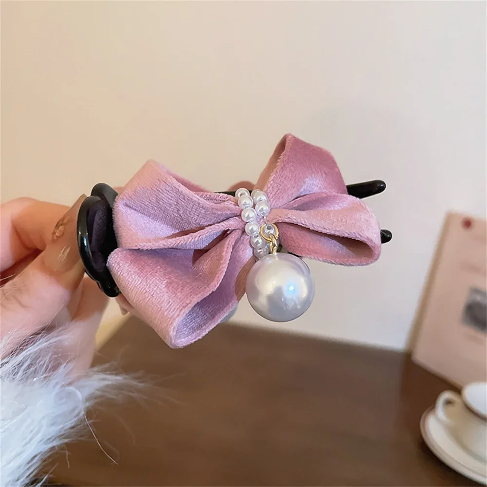 Delicate Flocked Double Sided Bowknot Imitation Pearl Hair Claw Elegant Hair Accessories for Women Fashion Ponytail Shark Clip