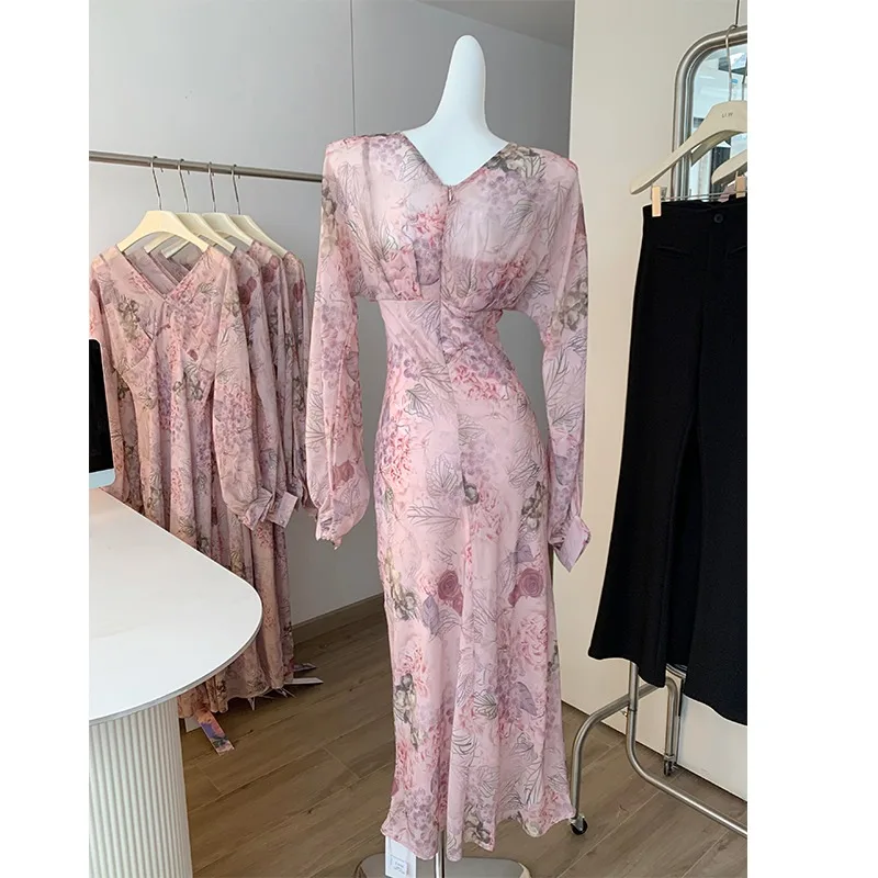 Elegante floral impressão vestido feminino verão outono casual plissado em camadas de manga comprida chiffon uma linha longo maxi vestido festa