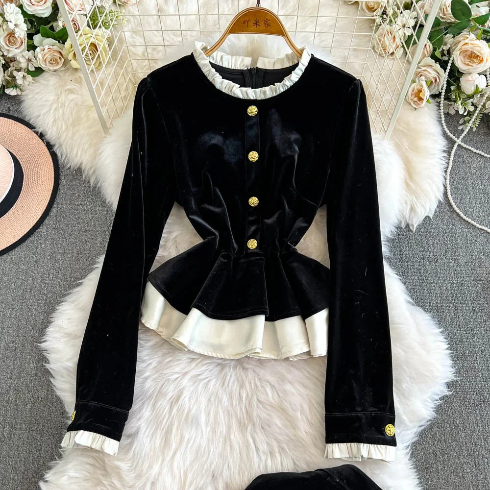 Chic Women Two-Piece Sets Vintage O-neck Metal Buckle Top and High Waist Split Skirt High Street Autumn Winter Velvet Clothing