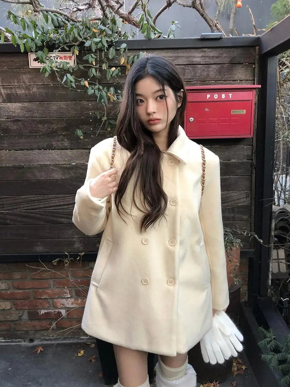 

Шикарное шерстяное пальто с двумя рядами и лацканами в стиле ретро, женское шерстяное пальто средней длины, корейское шерстяное пальто