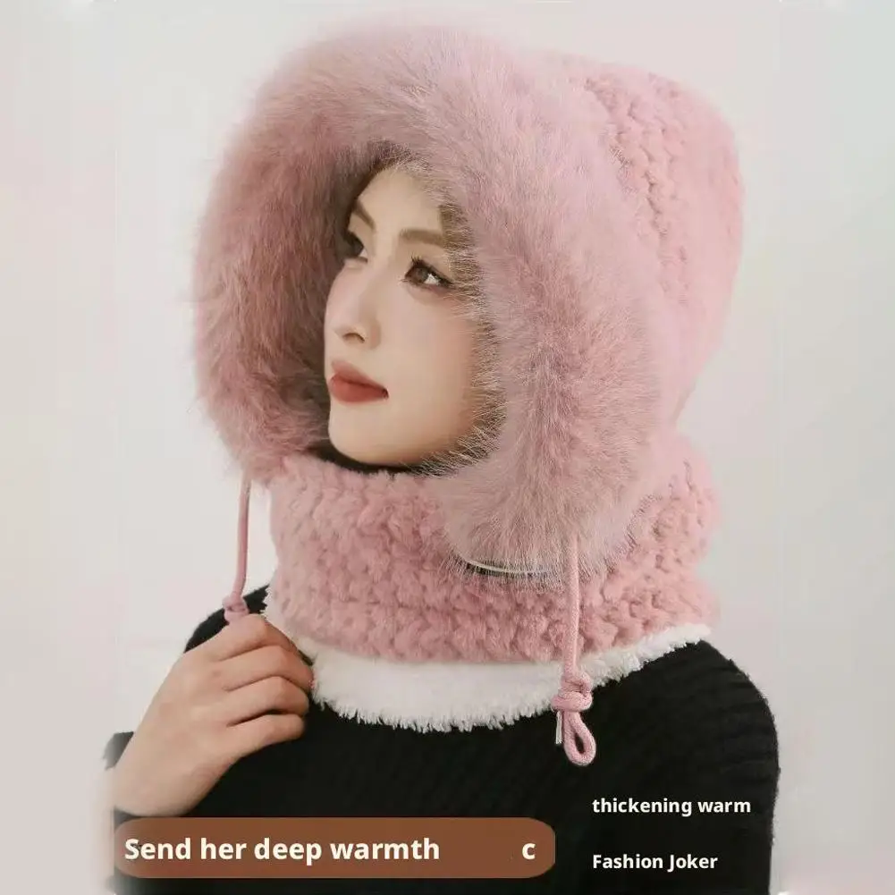 قبعة شتوية نسائية قطيفة بغطاء رأس سميك دافئ مع قناع وشاح لحماية الأذن، قبعة حرارية مقاومة للرياح لركوب الدراجات في الهواء الطلق #3