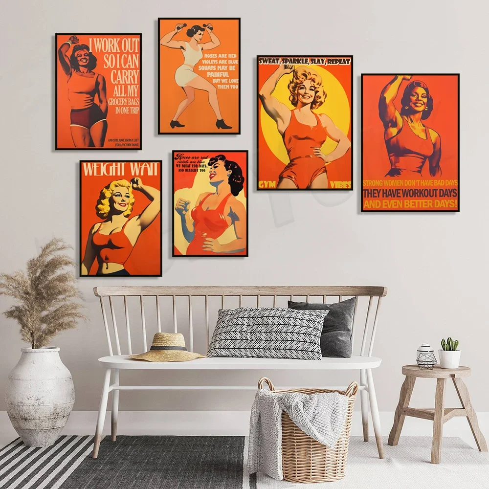Retro female bodybuilder print, workout art female gym poster, woman lifting weights, 1950s wall art female bodybuilding print