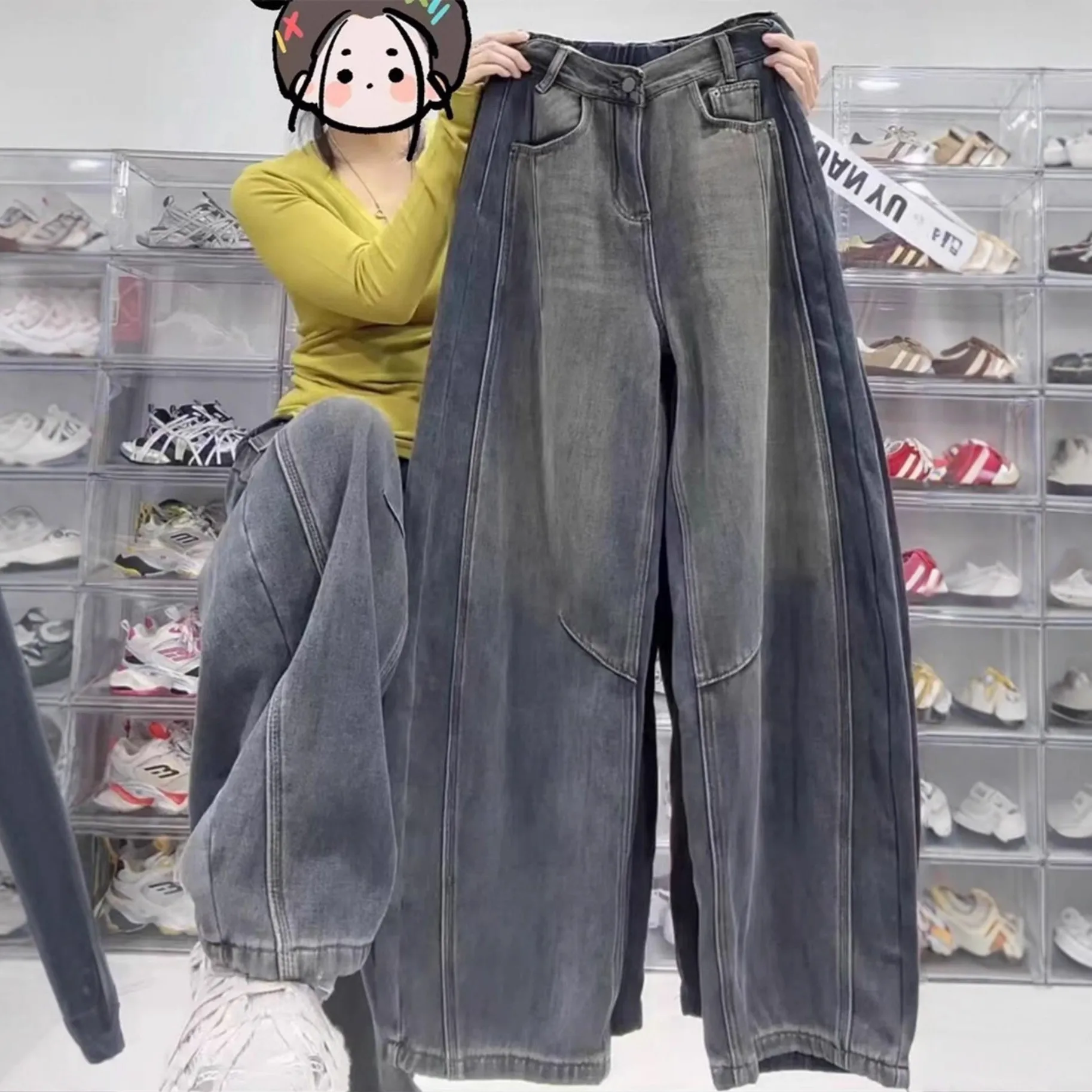 

Retro High Waist Wide Leg Jeans Women's Spring Autumn Style Pear Shape Loose Fit Slimming Trousers Casual Cotton Zipper