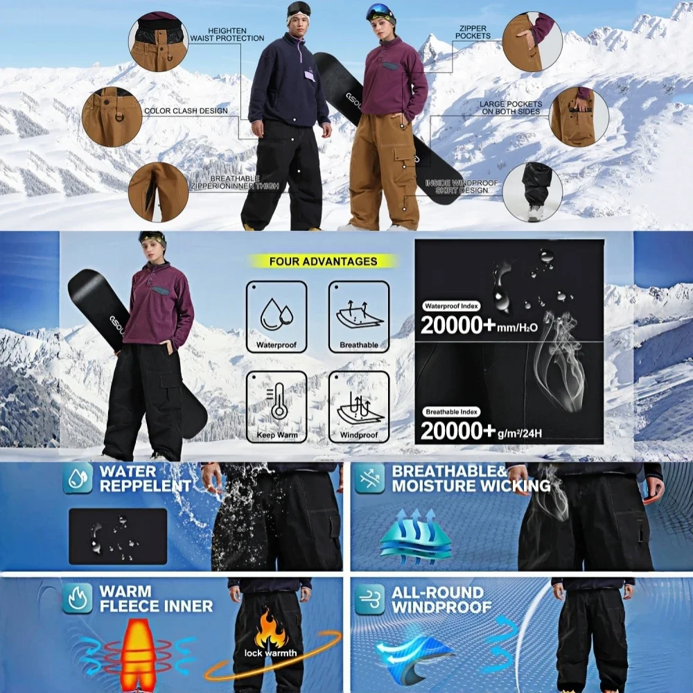 Pantaloni da snowboard da uomo nuovi con tasca grande Pantaloni da sci super larghi Campo di neve Isolamento impermeabile Coppia Abbigliamento sportivo invernale