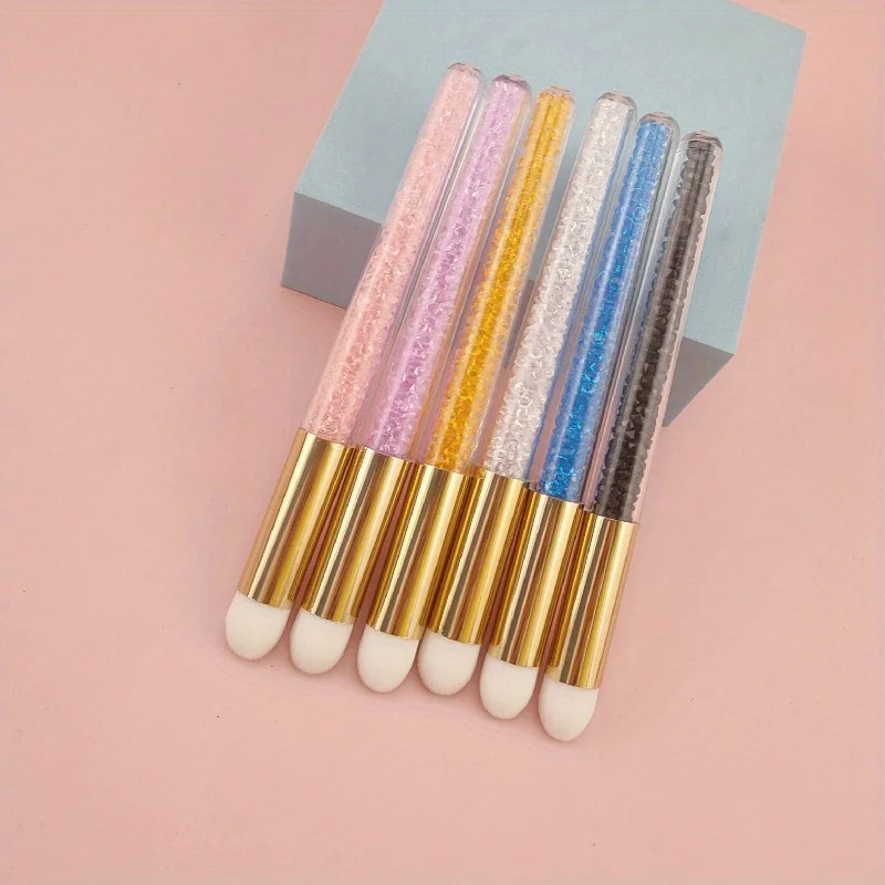 6pcs Transparent Diamond Glitter Makeup Brush Multi-color Long Stem Mousse Cleaning Brush Soft Fiber Bristle Lipstick Brush