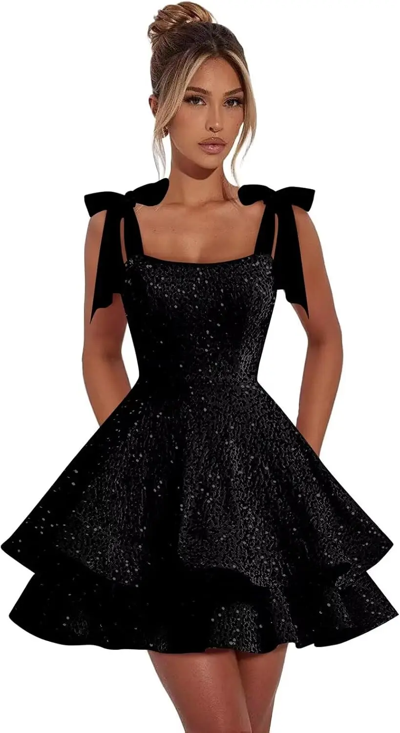 

Tiered Sequin Short Dresses 2025 with Bow Homecoming Dress for Teens Sparkly Cocktail Party Gown Above Knee , Mini