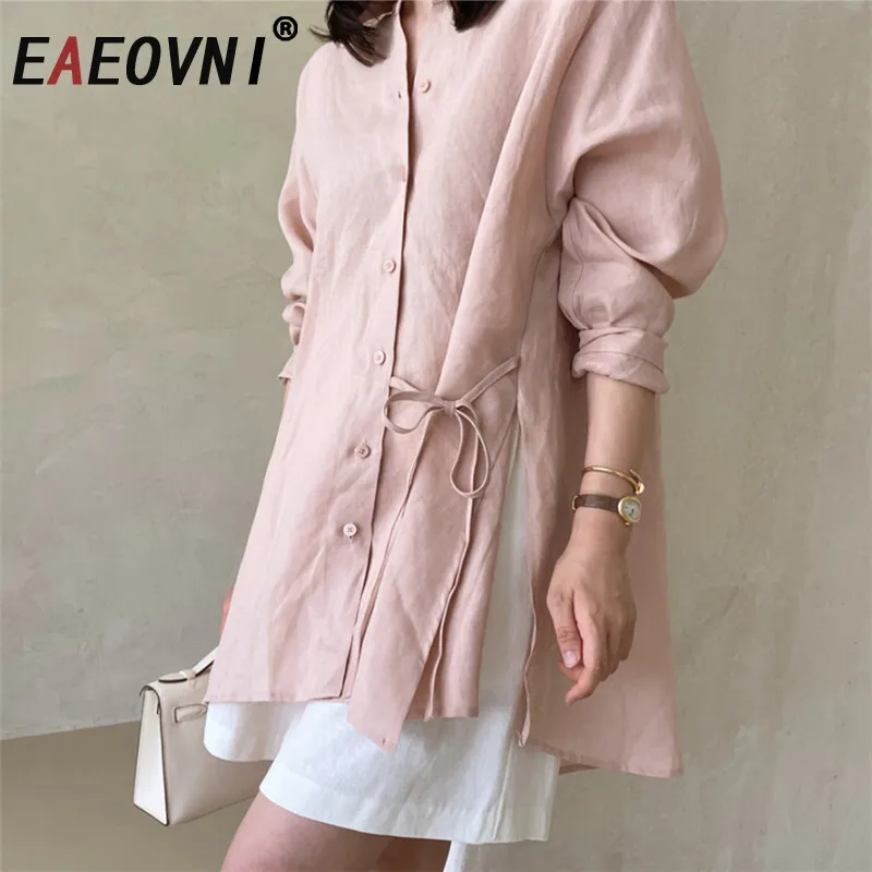

EAEOVNI Sunscreen Linen Women Blouse For Women Lace-up Split Design Long Sleeve Solid Color Shirt 2025 New Clothing 1A1140