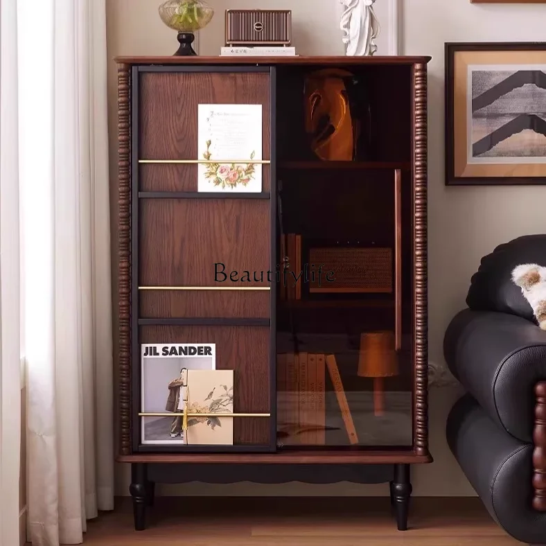 

Creative French solid wood bookcase with glass door retro vertical cabinet living room display study storage designer model