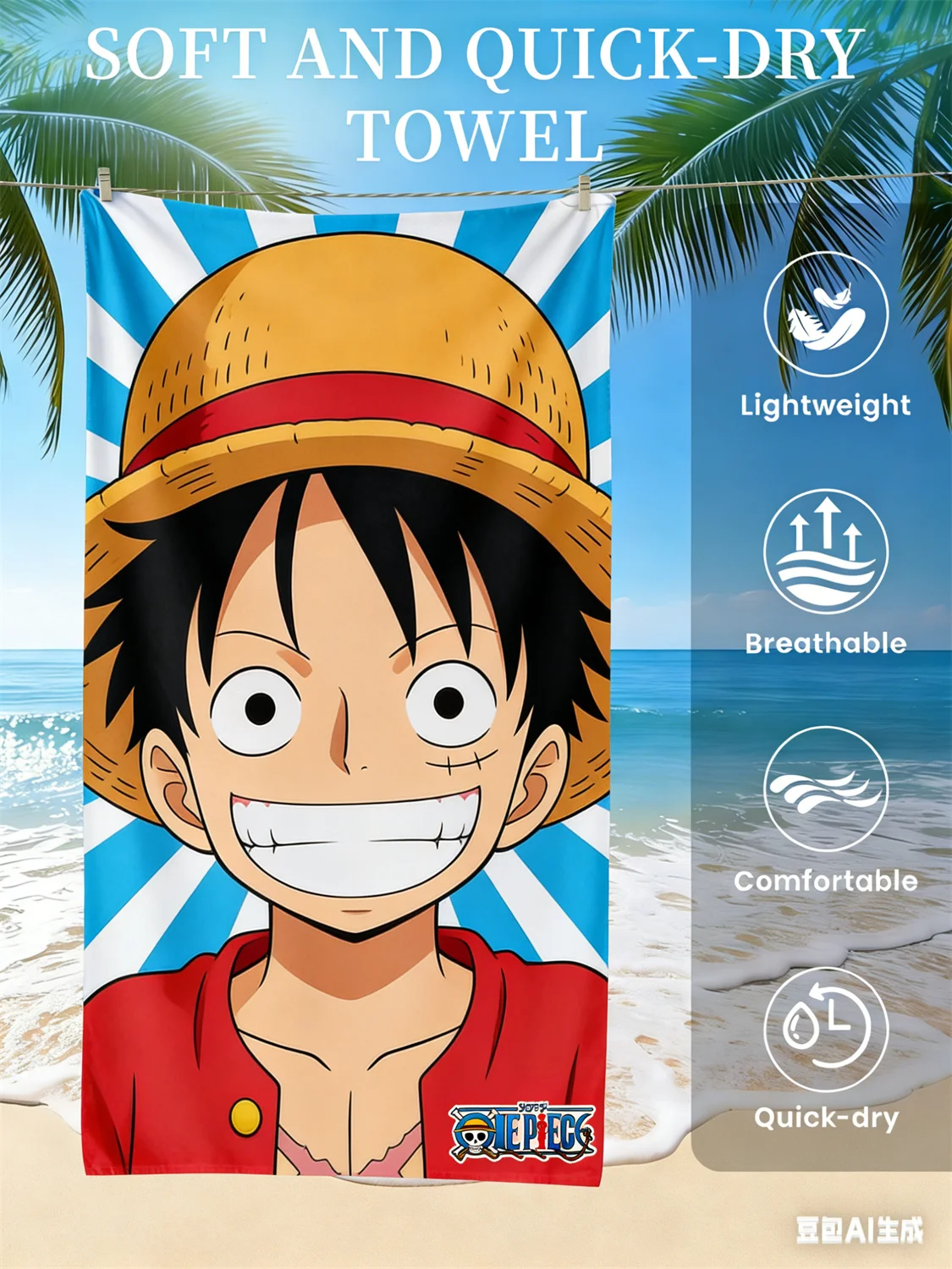 Toalla de playa cómoda, transpirable, ligera y de secado rápido con estampado de One Piece Monkey D Luffy para piscina de verano y actividades al aire libre