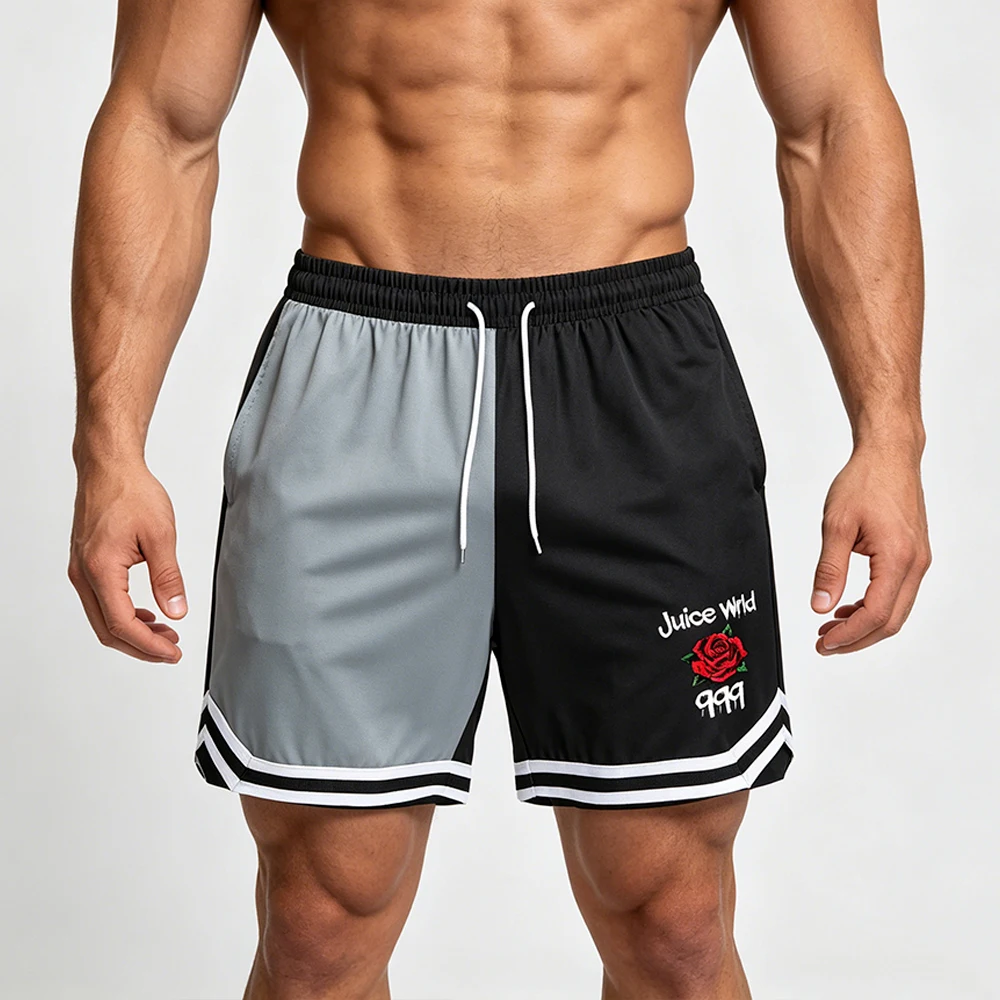 Men’s Colorblock Training Basketball Shorts Quick-Dry Breathable Elastic Waist Sports Shorts 999 Rose Print with Striped Hem