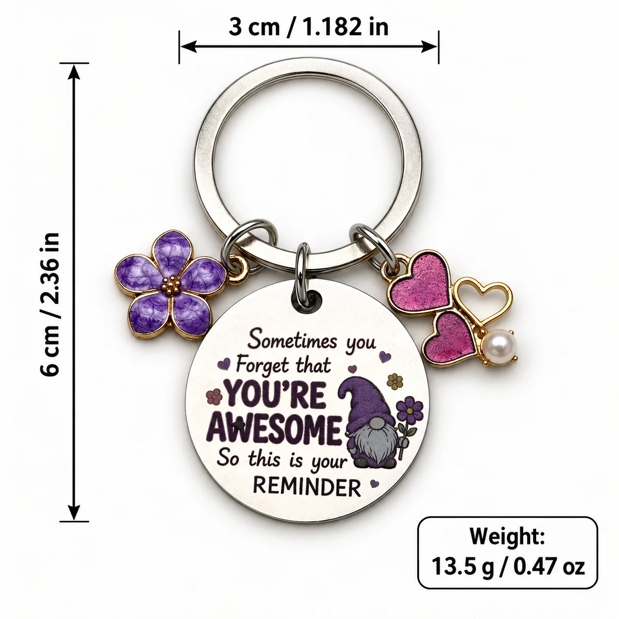 Stainless Steel Gnome Keychain, Inspirational Quote Purple Flower Heart Pearl Charm Key Ring, Encouragement Gift Bag Accessory