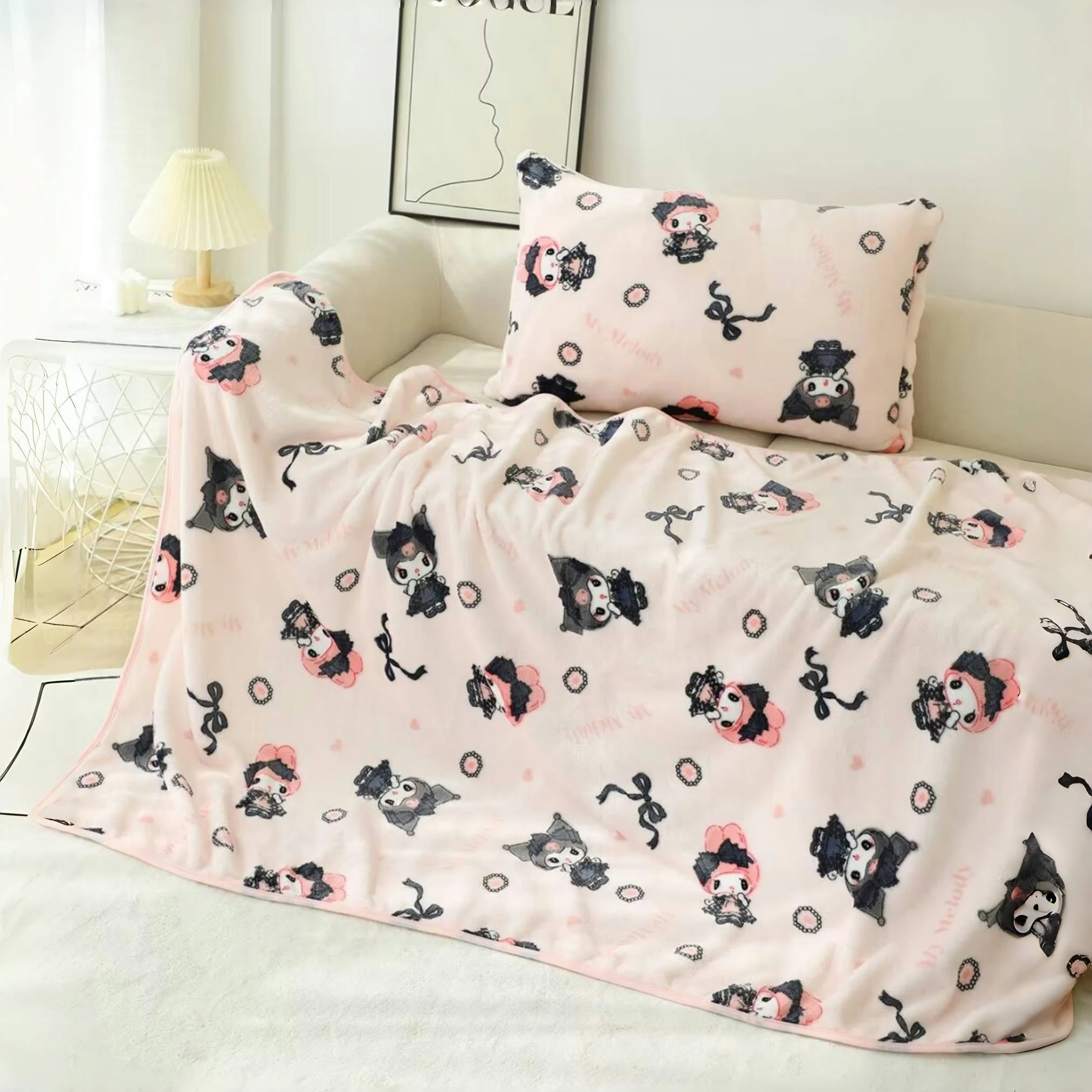 Lolita My Melody Kuromi Blanket Cartoon Pattern Printing Warm Blanket Pillowcase Singe Size Flannel Blanket Bedspread Bedroom