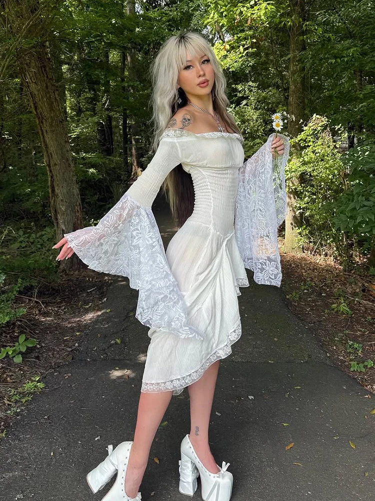 Vestido de estilo elegante de Kliou Y2K, vestido de mujer con escote en la espalda sin espalda, con retazos, manga acampanada, estilo dulce, fiesta de cumpleaños a la moda Bodycon