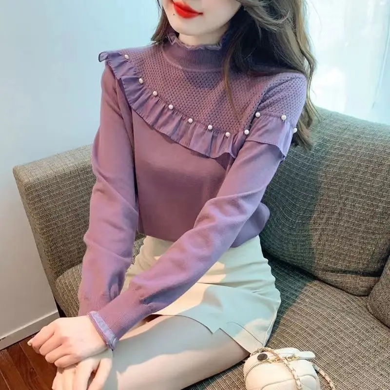 Patchwork Pleated Slim Pullovers Spring Autumn Long Sleeve All-match Solid Fashion Bottoming Shirt Korean Casual Women Clothing