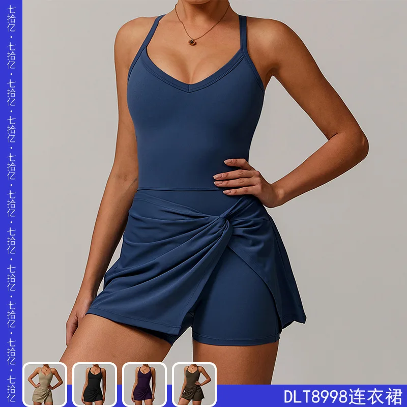 

Eco-friendly recycled dress with anti-glare twist design, crossed and hollowed-out skirt, beautiful back tennis dress 8998