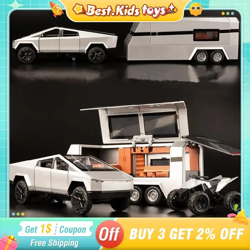 1/32 Alloy Pull-back Pickup Truck RV Model With Lighting And Music Simulation Car Kids Toys Cabin Door Can Open Home Ornaments