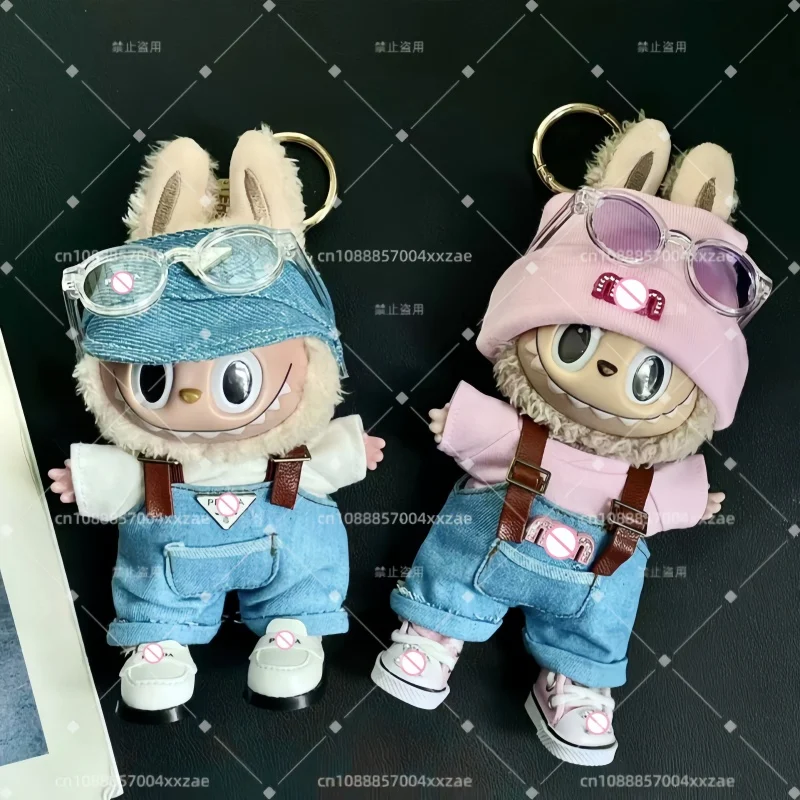 New 17cm Labubu Denim Overalls For Couples Handmade Custom High-End Labubu Clothing Premium Quality Leather Shoes Canvas Shoes