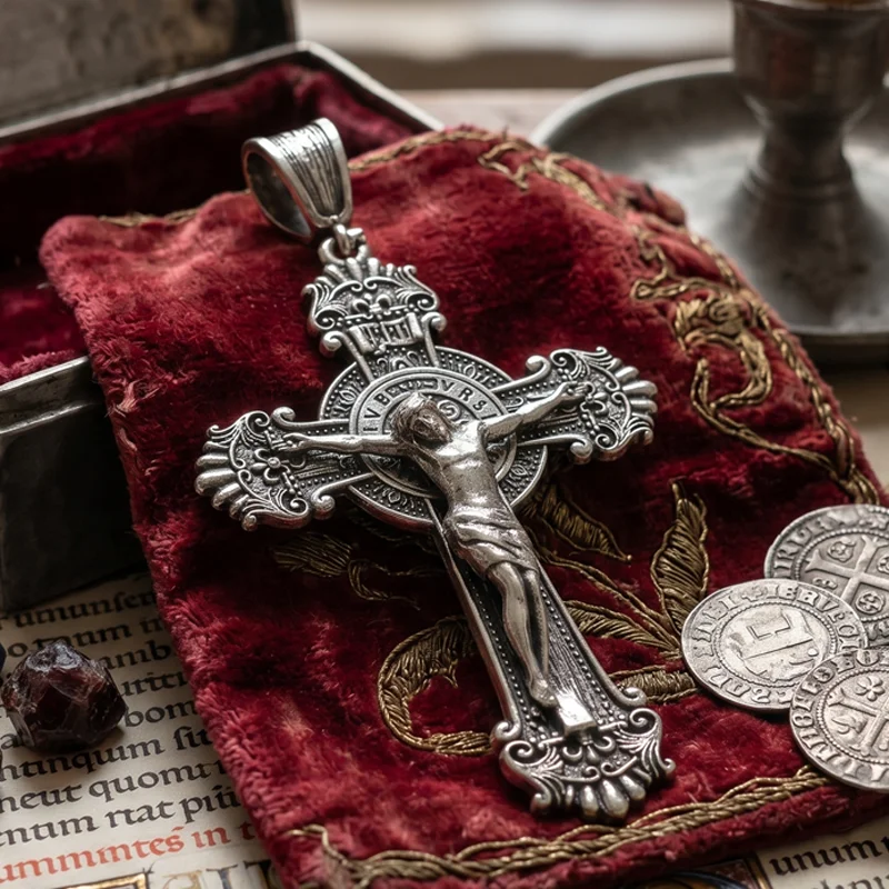 Compre 4 y Obtenga 1 Gratis: Colgante de Acero Inoxidable con Cruz Larga de Jesús, Medalla Católica de San Benito, Antialérgico, Ideal para Regalo