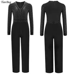 Kids Boys Latin Jazz Dance Jumpsuit Figure Skating Ballroom Performance Costume V Neck Long Sleeve Color Block Full Body Leotard