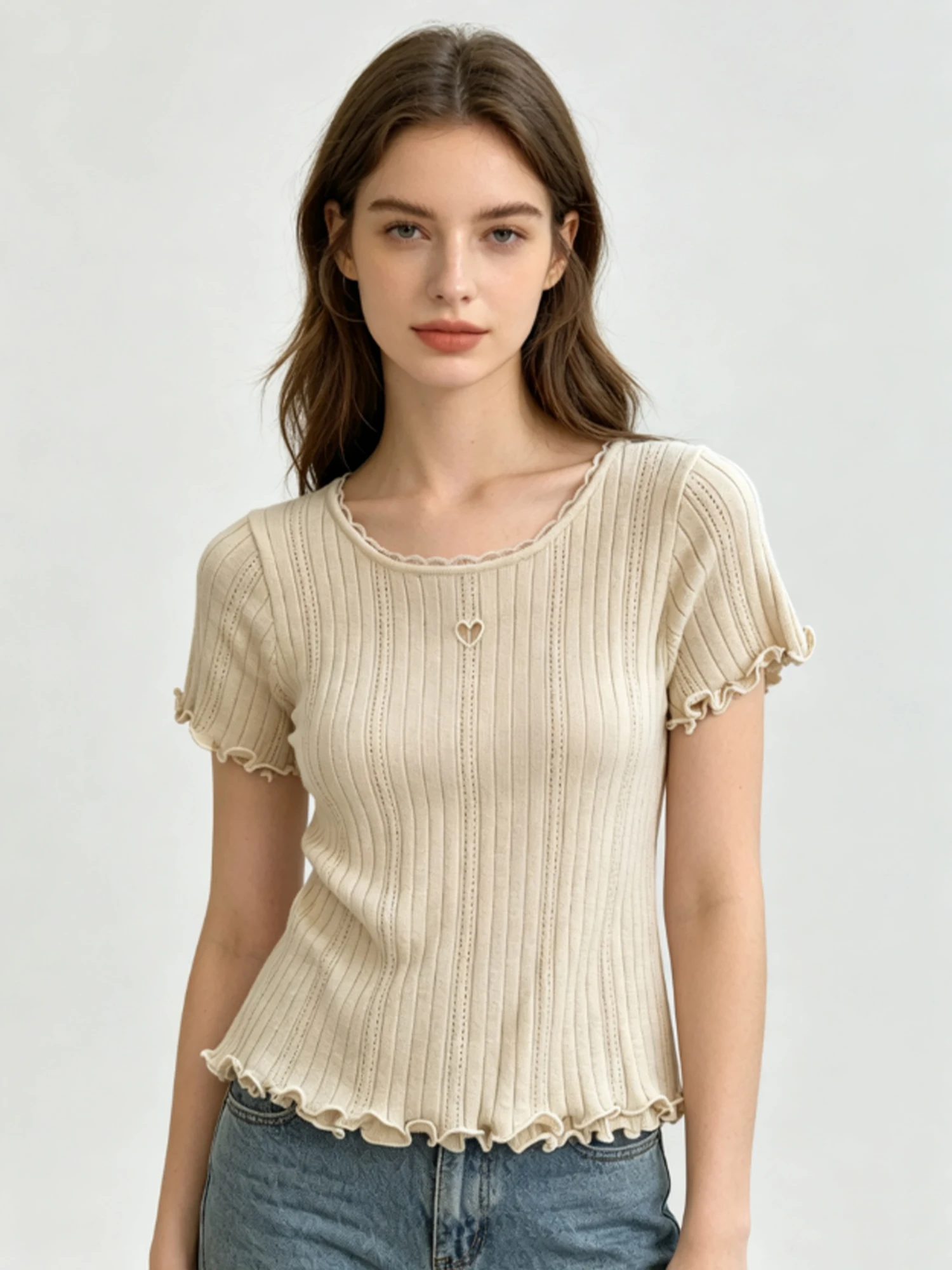 Women's Khaki Heart Hollow Out Knit Short Sleeve Tee Top Y2K Gyaru Vintage Korean style French Elegant T-Shirt for Women Summer