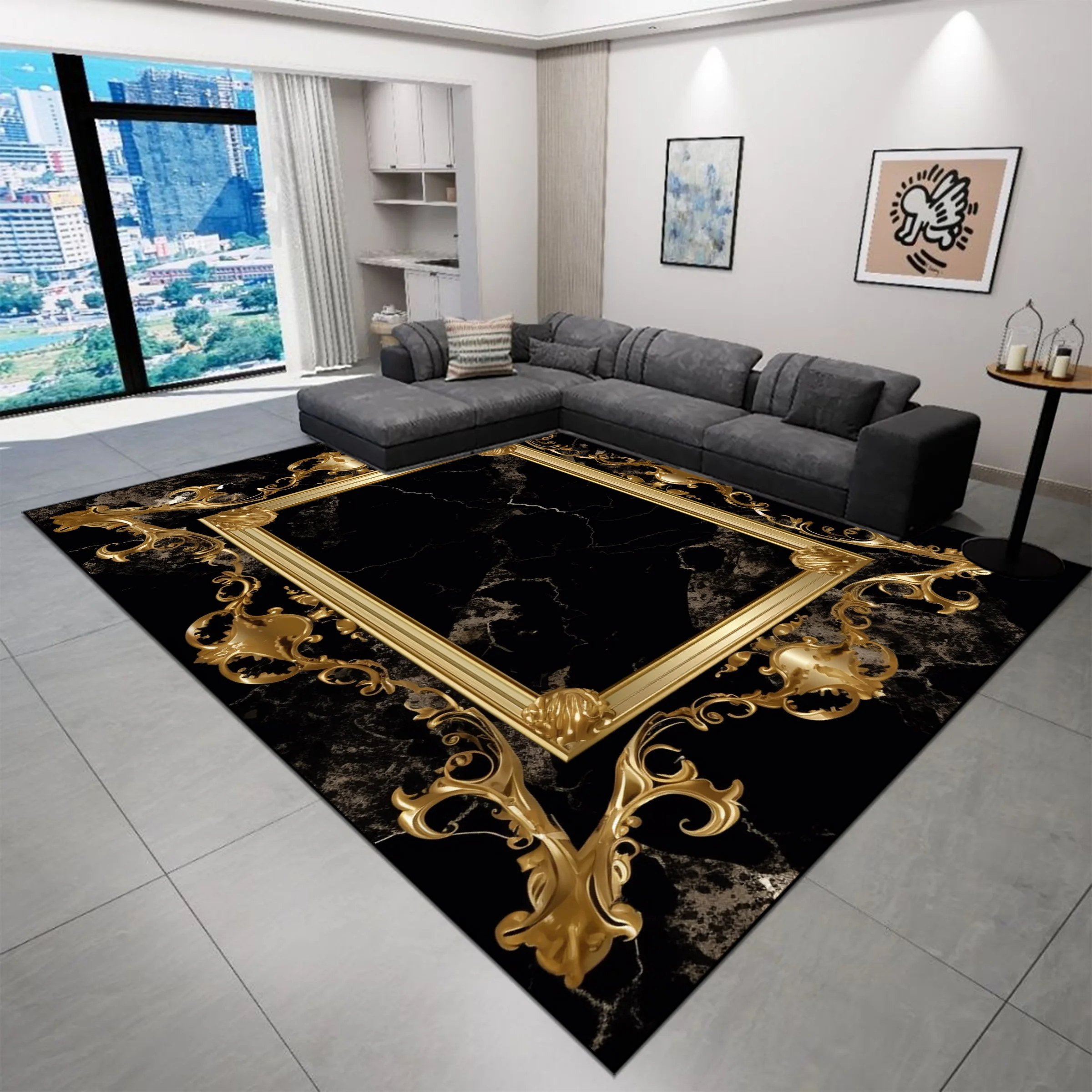 Black Home Decoration Carpet Living Room Luxury Golden Carpets Hall Sofa Area Soft Rugs Hallway Bedroom Doorway Floor Mat