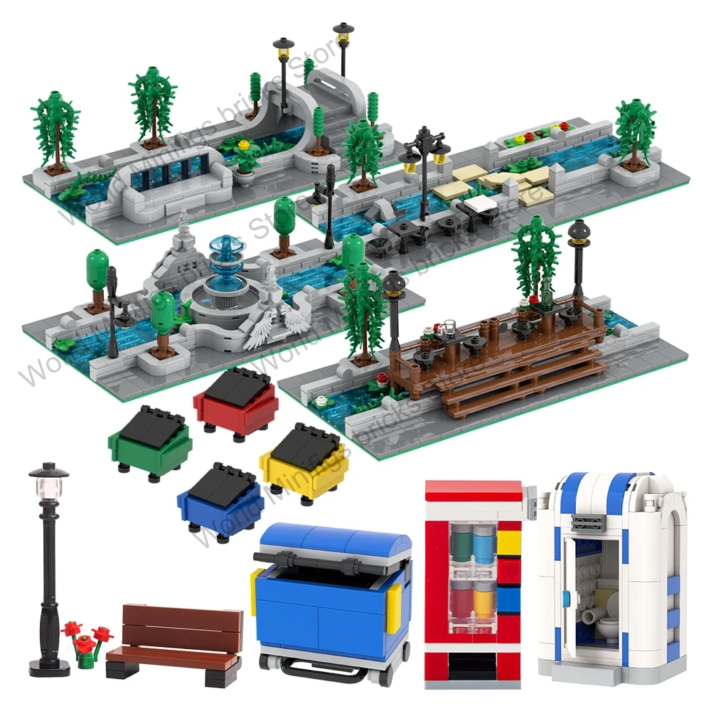 MOC مدينة شارع عرض الطوب بارك مقعد مزبلة المرحاض متوافق الشكل اللبنات أصدقاء دمى هدايا للأطفال الكبار DIY بها بنفسك #1