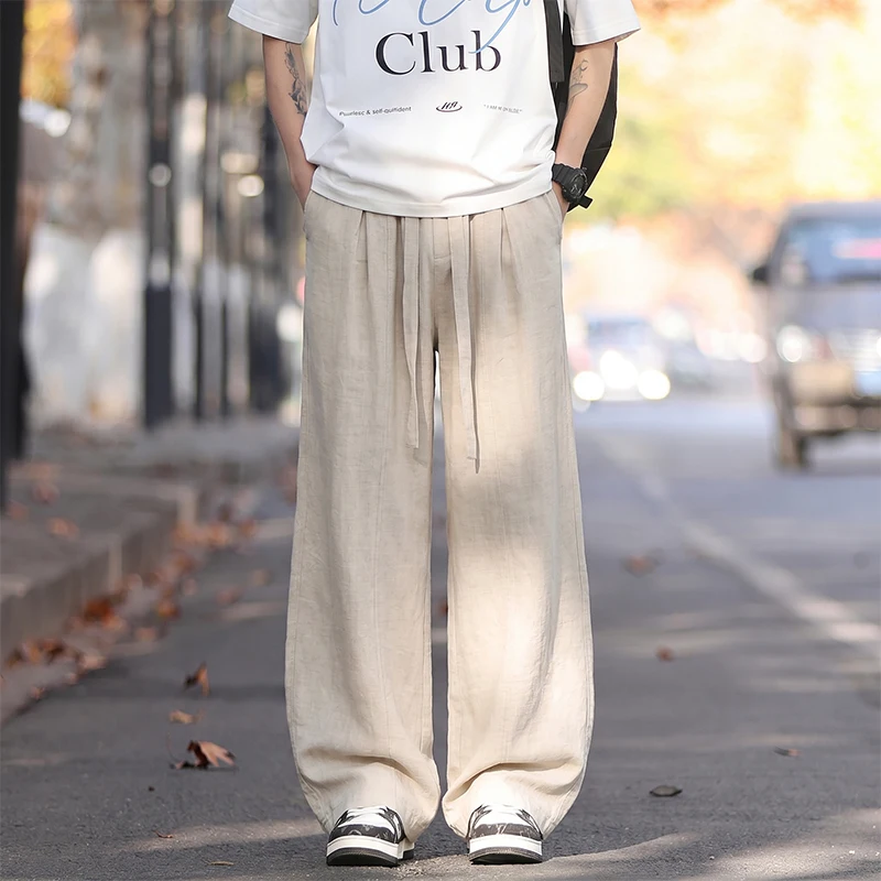 Men's Casual Pants New Old Money Style Linen Lightweight Breathable Summer Relaxed Fit Straight Leg Elastic Waist Plain Beige