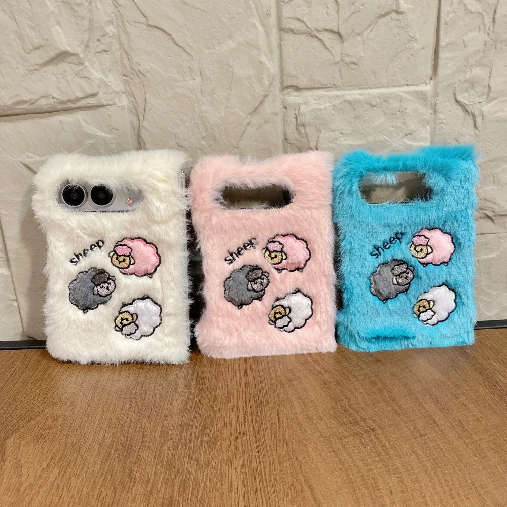 Cute Fluffy Plush Sheep Embroidery Phone Case for Samsung Galaxy Z Fold8 Z Flip8 7 6 5 4 Soft Warm Furry Protective Cover