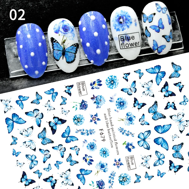 1 Sheet Blue/Pink/Butterfly 3D Nail  Decals Colorful Self Adhesive  Flower Design Leaves Transfer Sliders Wraps Manicure Summer