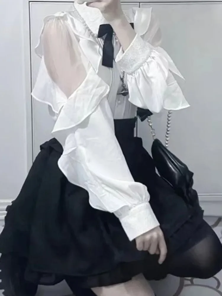 

Y2k Aesthetics Ruffle Shirt 2025 Japanese Kawaii Tops Blouses Fairy Harajuku Pleated Blusas Vintage Lolita Clothes Mall Goth2025