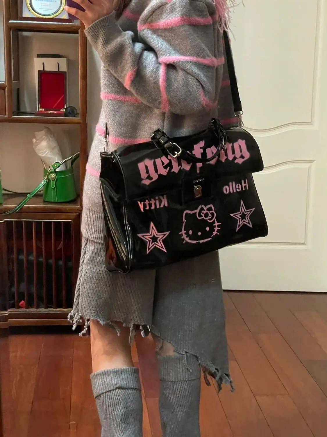 Sanrio Kawaii Hello Kitty Gothic Punk Vintage Pink Shoulder Bag Cross Chains Crossbody Bags Hot Girl Handbag Y2k Trend Tote Bag