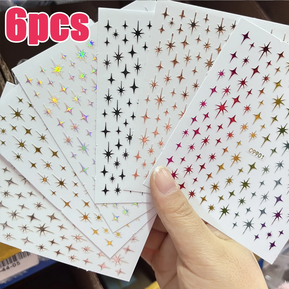 Juego de 6 hojas de pegatinas láser para decoración de uñas, estrella dorada y plateada, láser bronceado 3D, Cruz blanca, luz de estrellas Y2K, calcomanías para uñas, decoración de manicura * & #