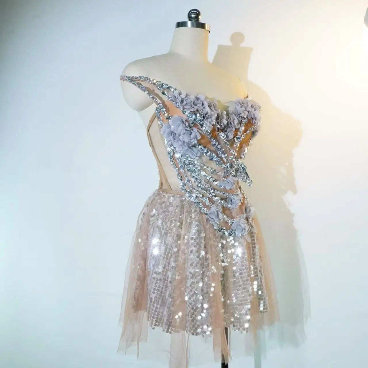 السيدات كريستال الترتر براقة قطعتين فستان عارية الذراعين ملهى ليلي المرحلة فستان سحب الملكة القطب الرقص حفلة عيد ميلاد الزي