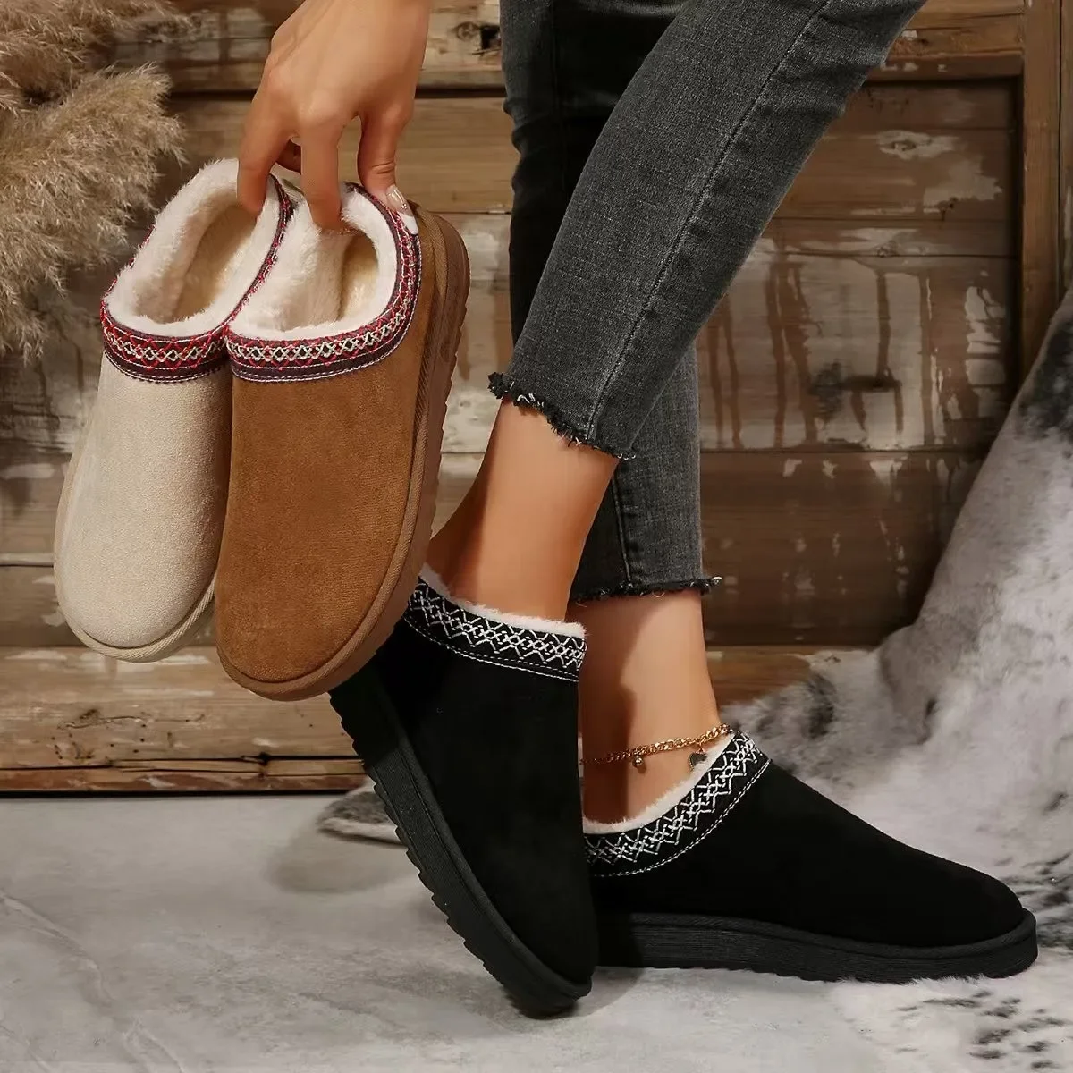 

2026 Новые женские зимние ботинки, повседневные шерстяные ботинки без шнуровки, теплые домашние роскошные элегантные зимние кашемировые теплые ботинки, модная обувь на плоской подошве, большие размеры
