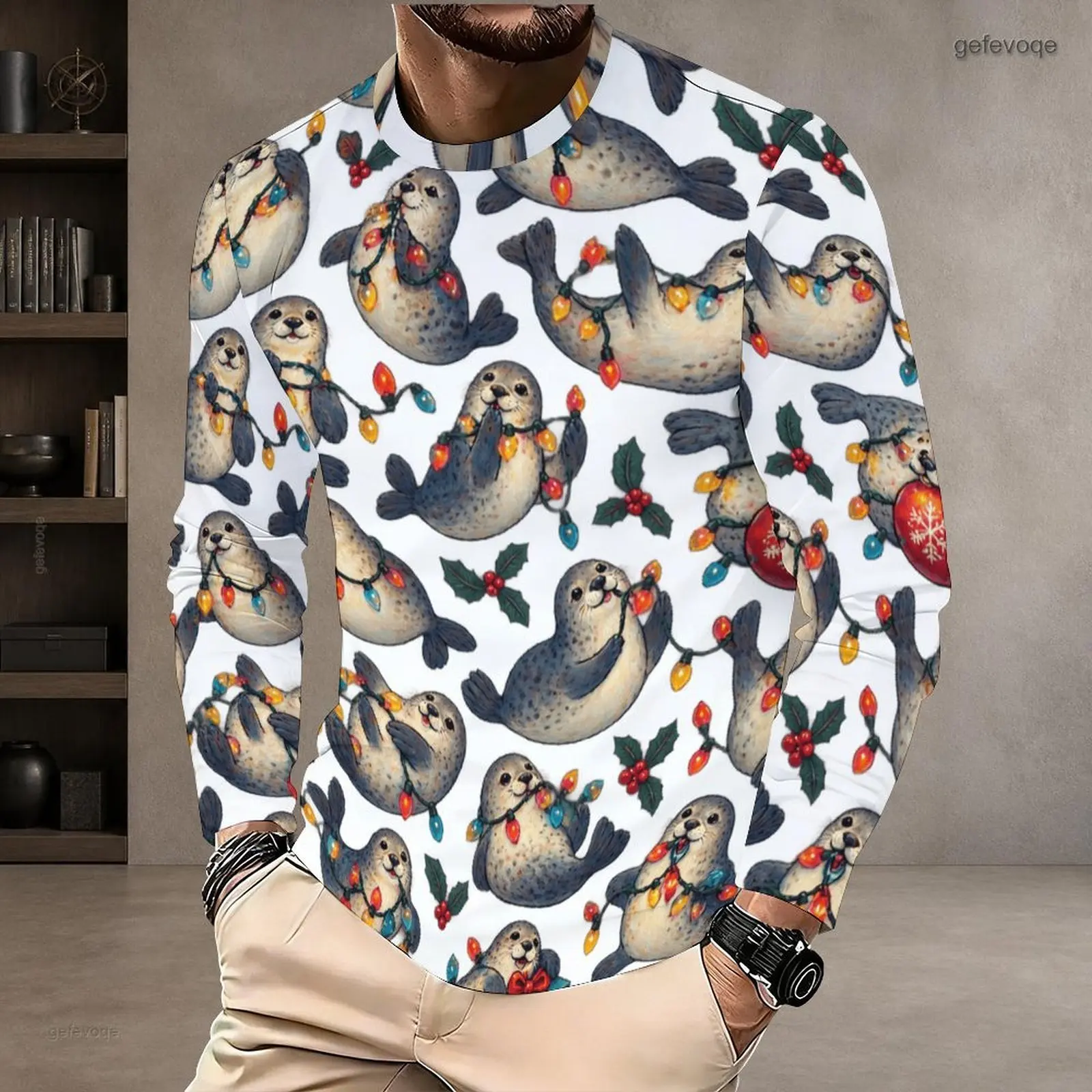 Men Round Neck Long Sleeve T-Shirt, Printed Cute Seal Christmas Light Holly Berry Pattern White Top
