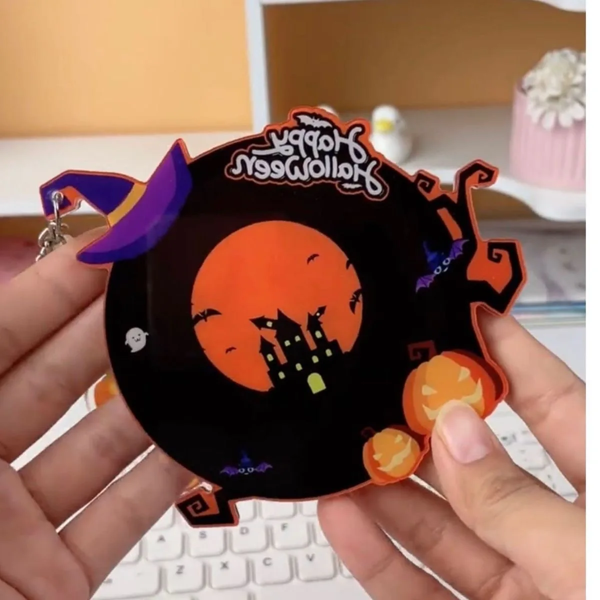 Halloween Acrylic Shaker Keychain Cute Black Cat Witch Pumpkin Ghost Lantern Swinging Keyring Backpack Pendant Halloween