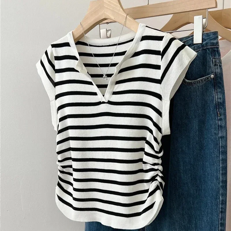 

Temperament Summer T-Shirts Women's V-Neck Striped Contrast Color Drawstring Fashion Loose Short Sleeve Knitting Tops