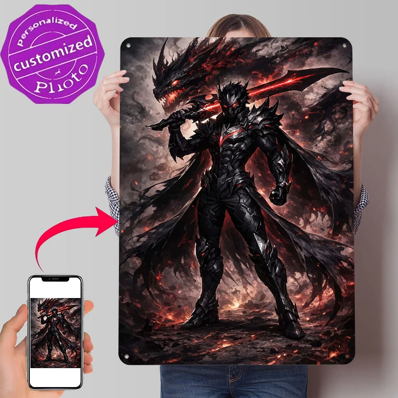Dunkler Ritter mit Feuerdrachen Metallposter Individualisierte Wandkunst Retro Vintage Metallschilder für Männerhöhle Apartment-Dekoration Zimmer