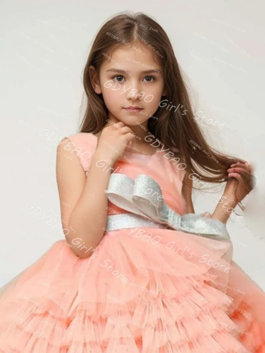 فستان حفلات للفتيات منفوش مع وشاح فيونكة متدرج توتو الأميرة فستان حفلات بطول الركبة للأطفال مخصص لحفلات الزفاف فستان فتاة الزهور
