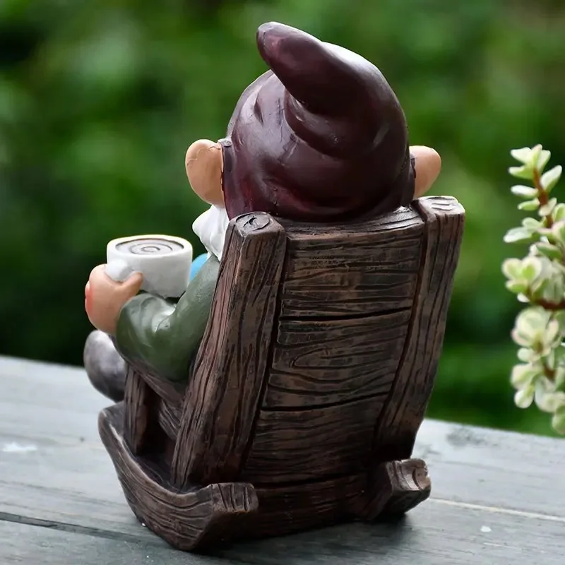 1pc Gnome Dwarf Rocking Chair Ornament Resin Outdoor Garden Decoration Patio Leisurely Drinking Tea Outdoor Lazy Decoration