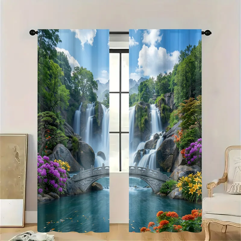 Decorative Waterfall Nature Curtain Sheer Window Shower Curtain Tropical Landscape Print Bathroom Kitchen Decor Realistic Scenic