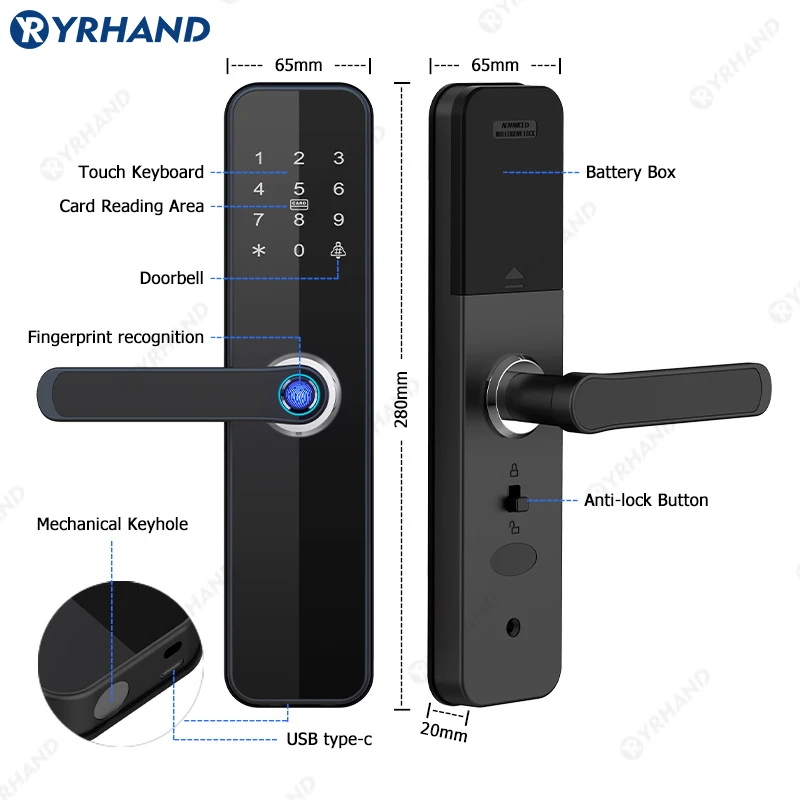 YRHAND Gold Biometric Intelligent Door Lock TUYA WIFI Remote Unlock Fingerprint Card Password Key Password Smart Door Lock