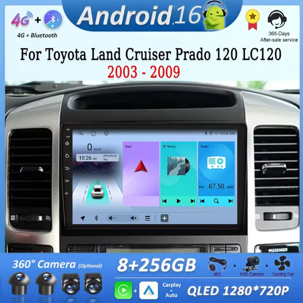 

Автомобильный мультимедийный видеоплеер для Toyota Land Cruiser Prado 120 LC120 2003-2009, система Android 16, GPS-навигация, Bluetooth