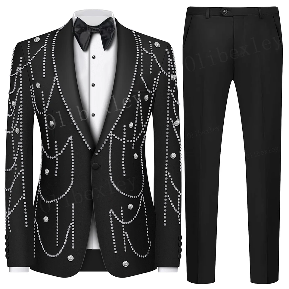 B08 Luxury Black Groom Wear Suits Men 2 Pieces Blazer Pants Notched Lapel Groom Tuxedos Sets Wedding Prom Blazers Suit for Party