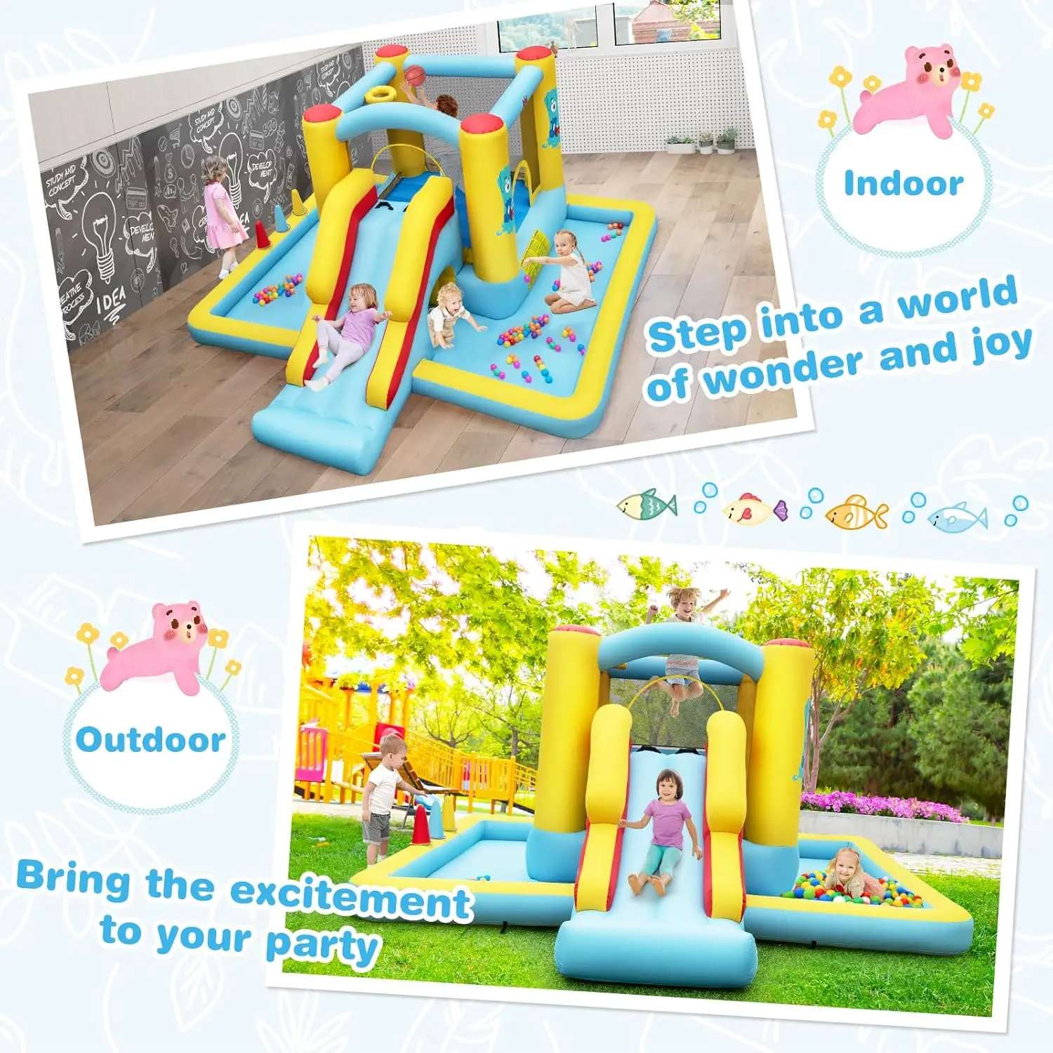 Maison gonflable de rebond, château gonflable de saut avec fosse à balles et toboggan, jeu de lancer d'anneau, mur d'escalade pour cadeaux de fêtes et d'événements, Todd