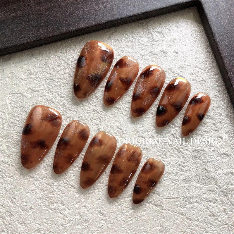 

10PCS Handmade Tortoise Press on Nails Design Cheetah Pattern Fake Nails Acrylic Retro Medium-lenghth Almond Brown Leopard Nails