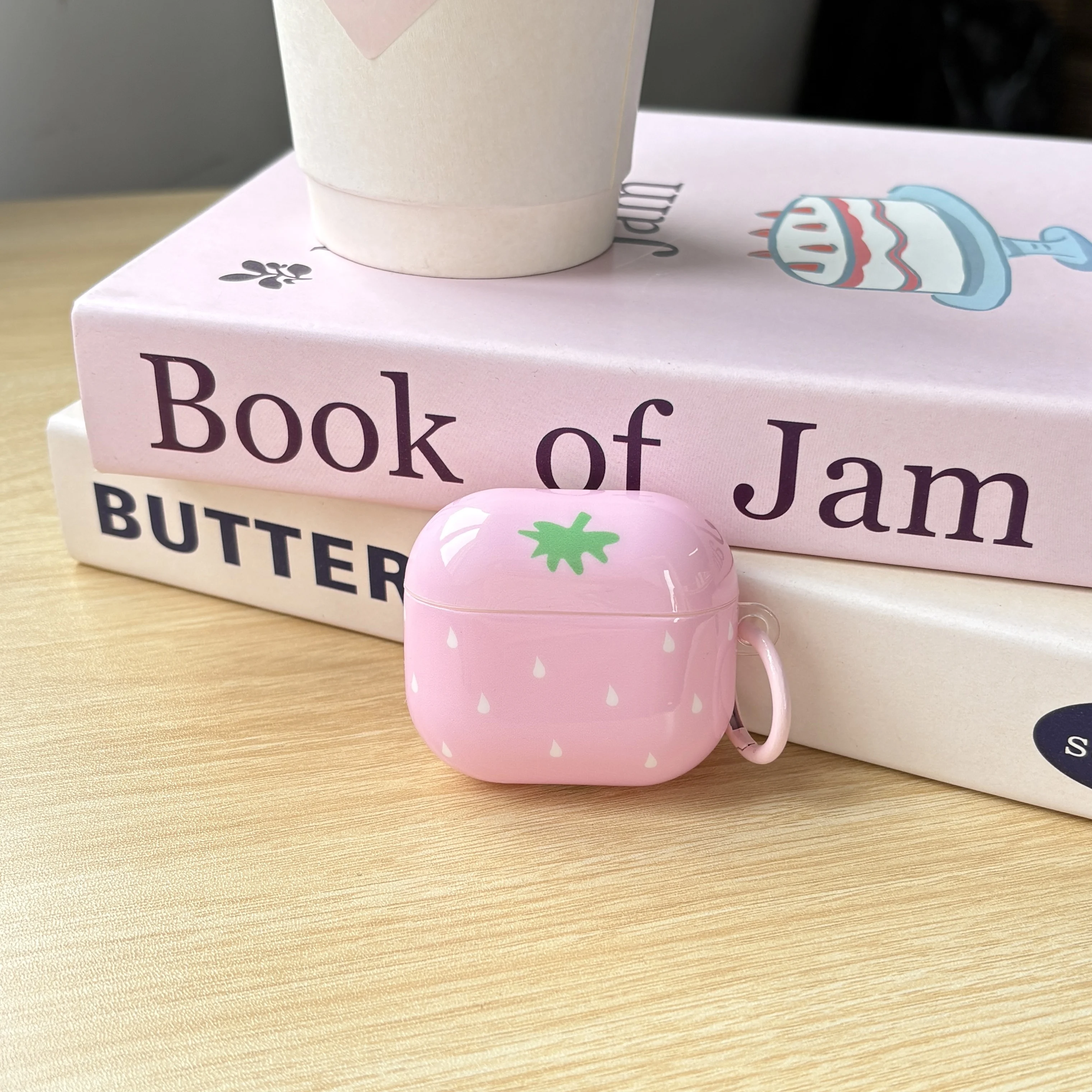 Lovely Pink Strawberry Raindrop Pattern with Pink Ring Protective Earphone Case Suitable for AirPods Pro3 Pro2 1 2 3 4 Pro