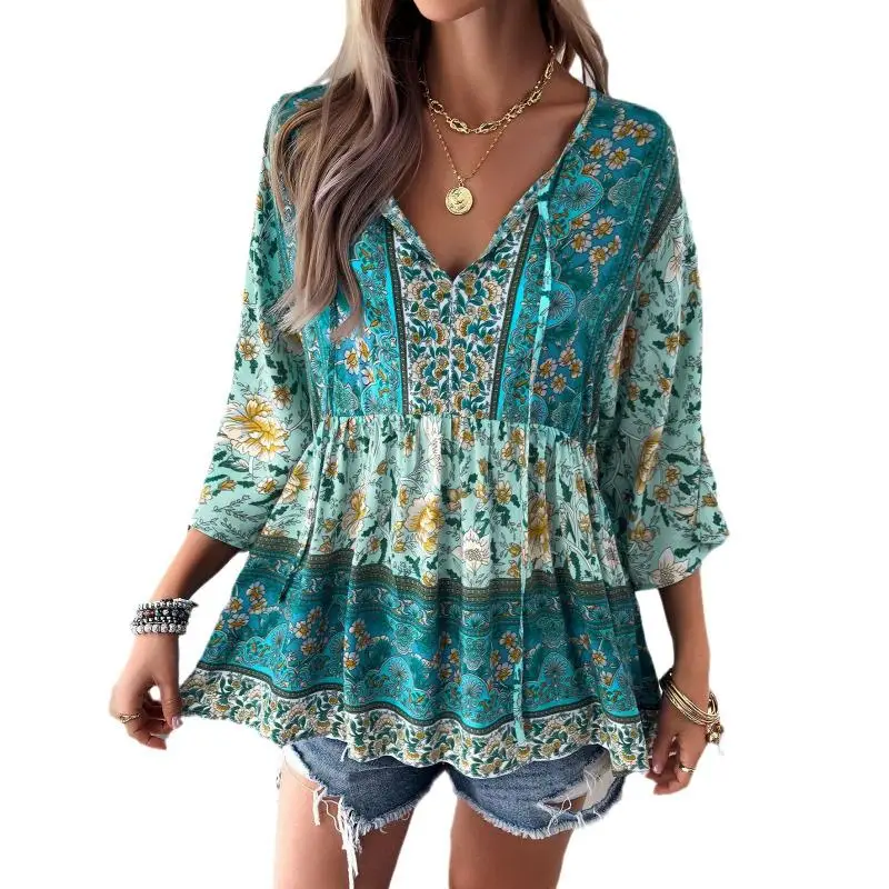 Spring Summer Blouse Vintage Floral Shirt Loose Long Sleeved T-Shirt Retro Tops Green Blouse Fashion Streetwear Female Clothing